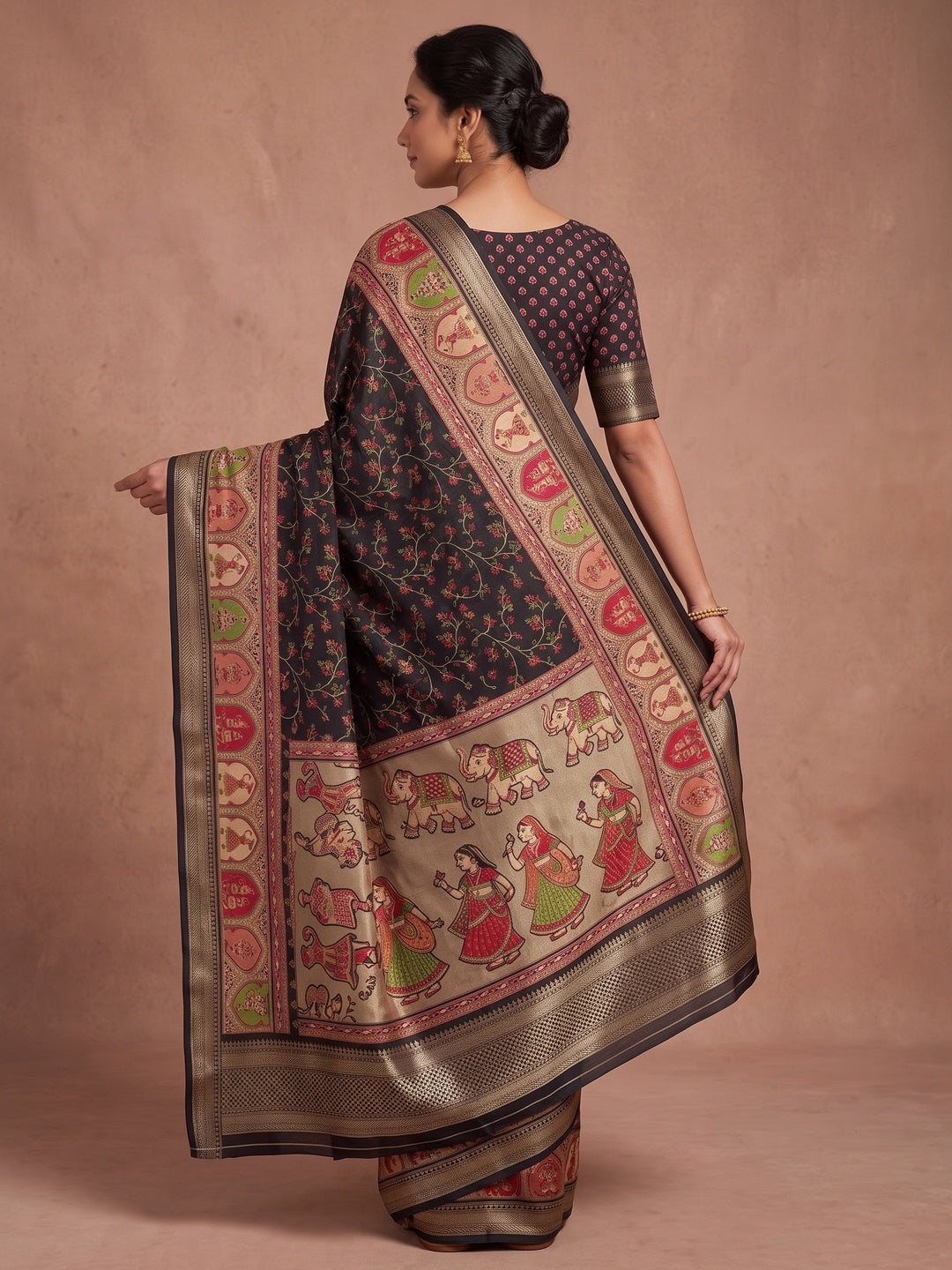 Peachmode Black Floral Printed Dolla Silk Saree with Woven Border - Image 5