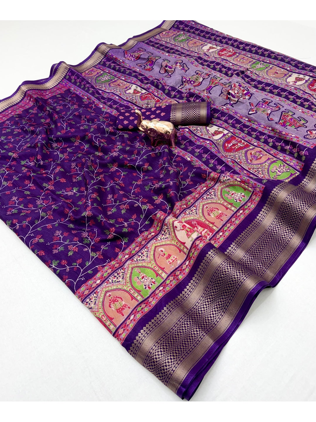 Peachmode Purple Floral Printed Dolla Silk Saree with Woven Border - Image 2
