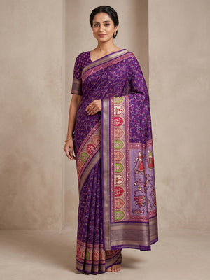 Peachmode Purple Floral Printed Dolla Silk Saree with Woven Border - Image 1