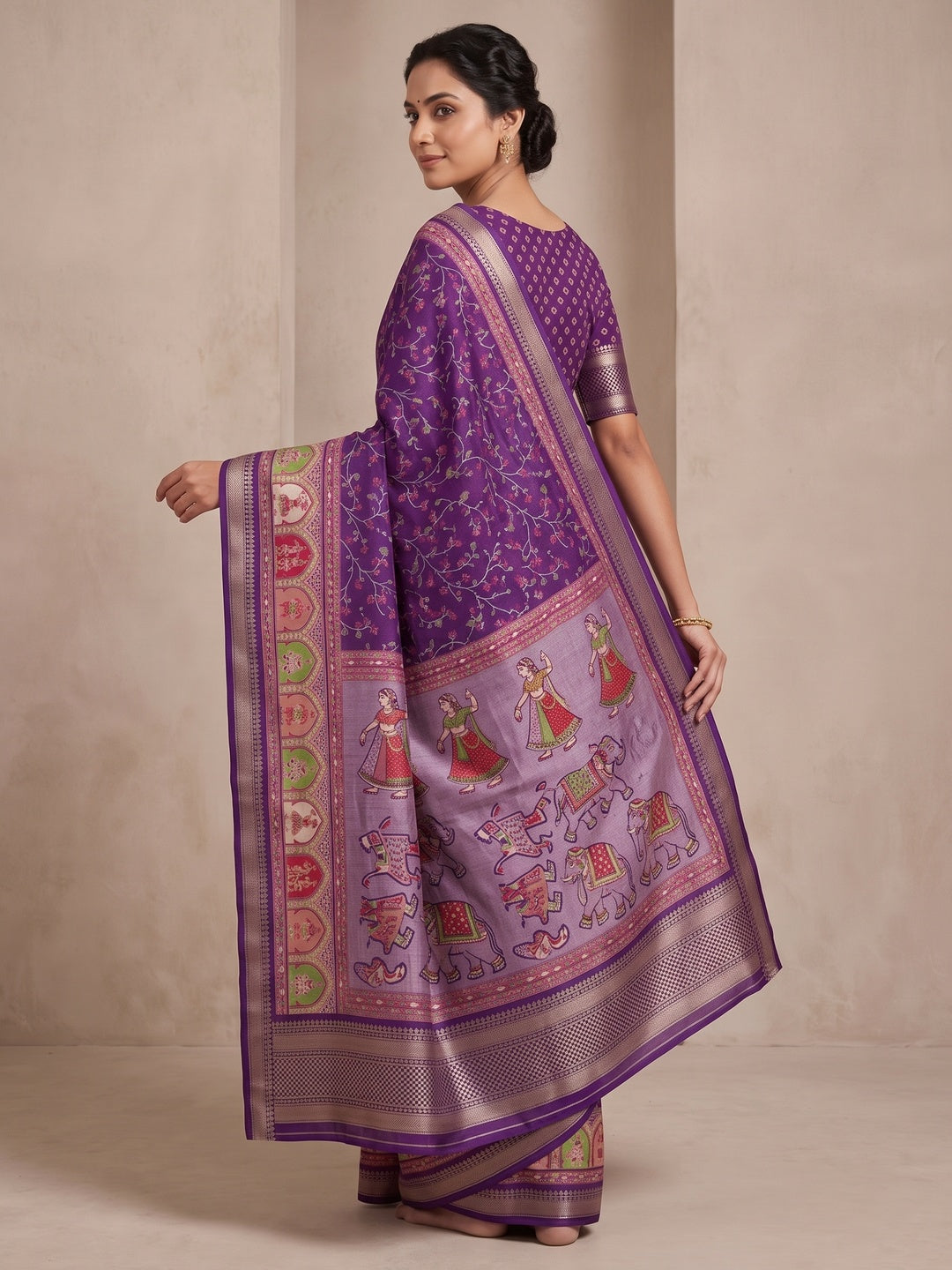 Peachmode Purple Floral Printed Dolla Silk Saree with Woven Border - Image 5