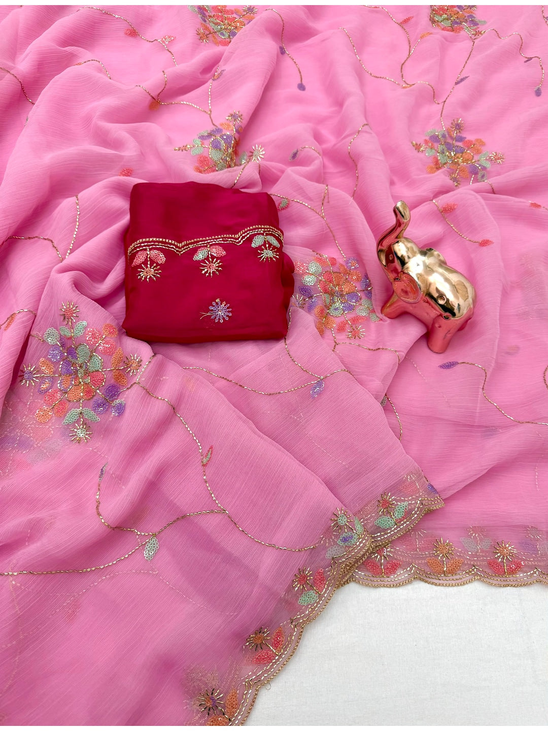 Peachmode Pink Floral Hand Work Georgette Chiffon Saree - Image 2