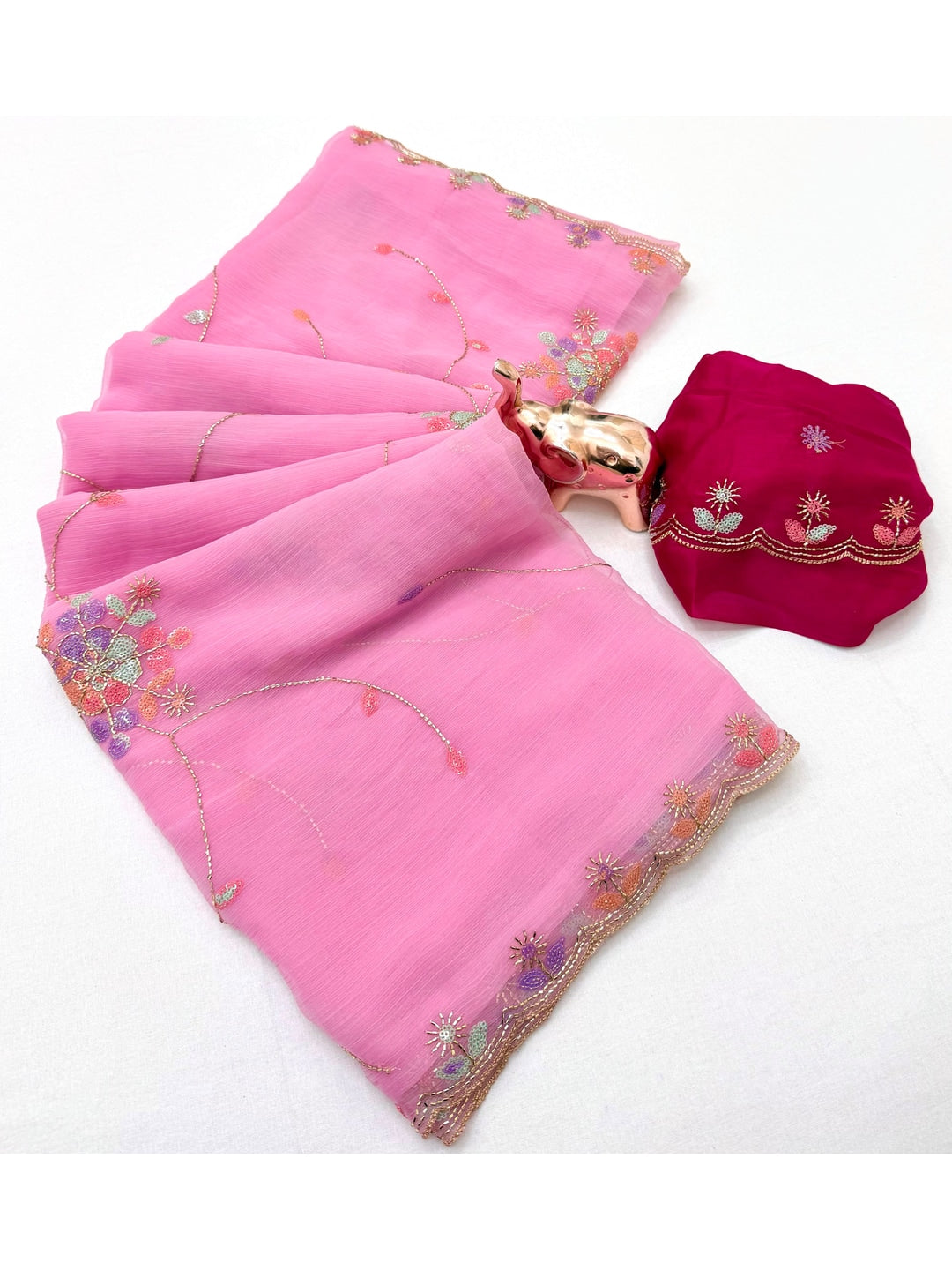 Peachmode Pink Floral Hand Work Georgette Chiffon Saree - Image 3