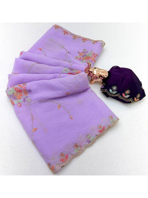 Peachmode Lavender Floral Hand Work Georgette Chiffon Saree - Image 2