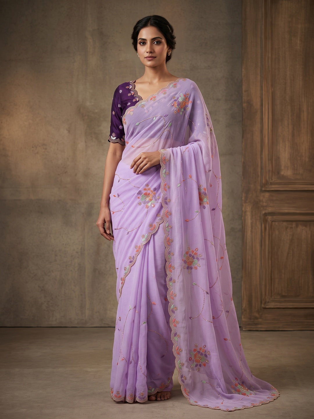 Peachmode Lavender Floral Hand Work Georgette Chiffon Saree - Image 1