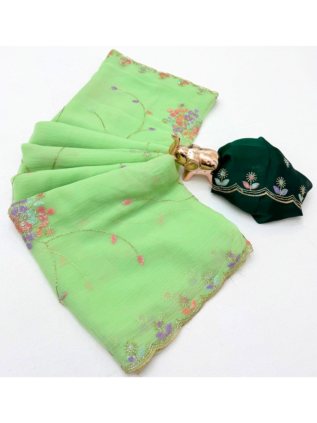 Peachmode Mint Green Floral Hand Work Georgette Chiffon Saree - Image 2