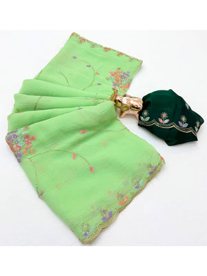 Peachmode Mint Green Floral Hand Work Georgette Chiffon Saree - Image 2