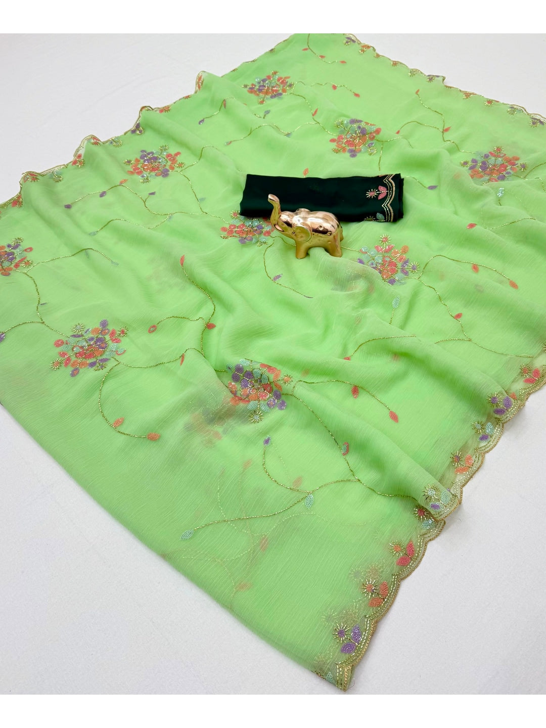 Peachmode Mint Green Floral Hand Work Georgette Chiffon Saree - Image 3
