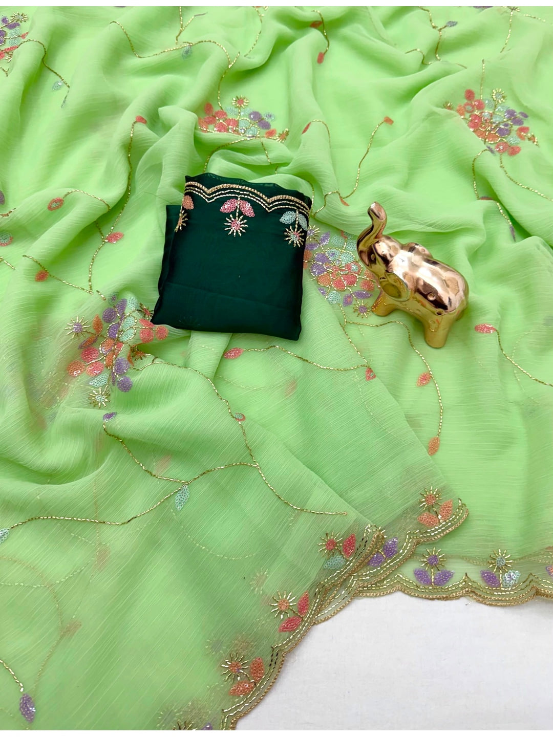 Peachmode Mint Green Floral Hand Work Georgette Chiffon Saree - Image 4
