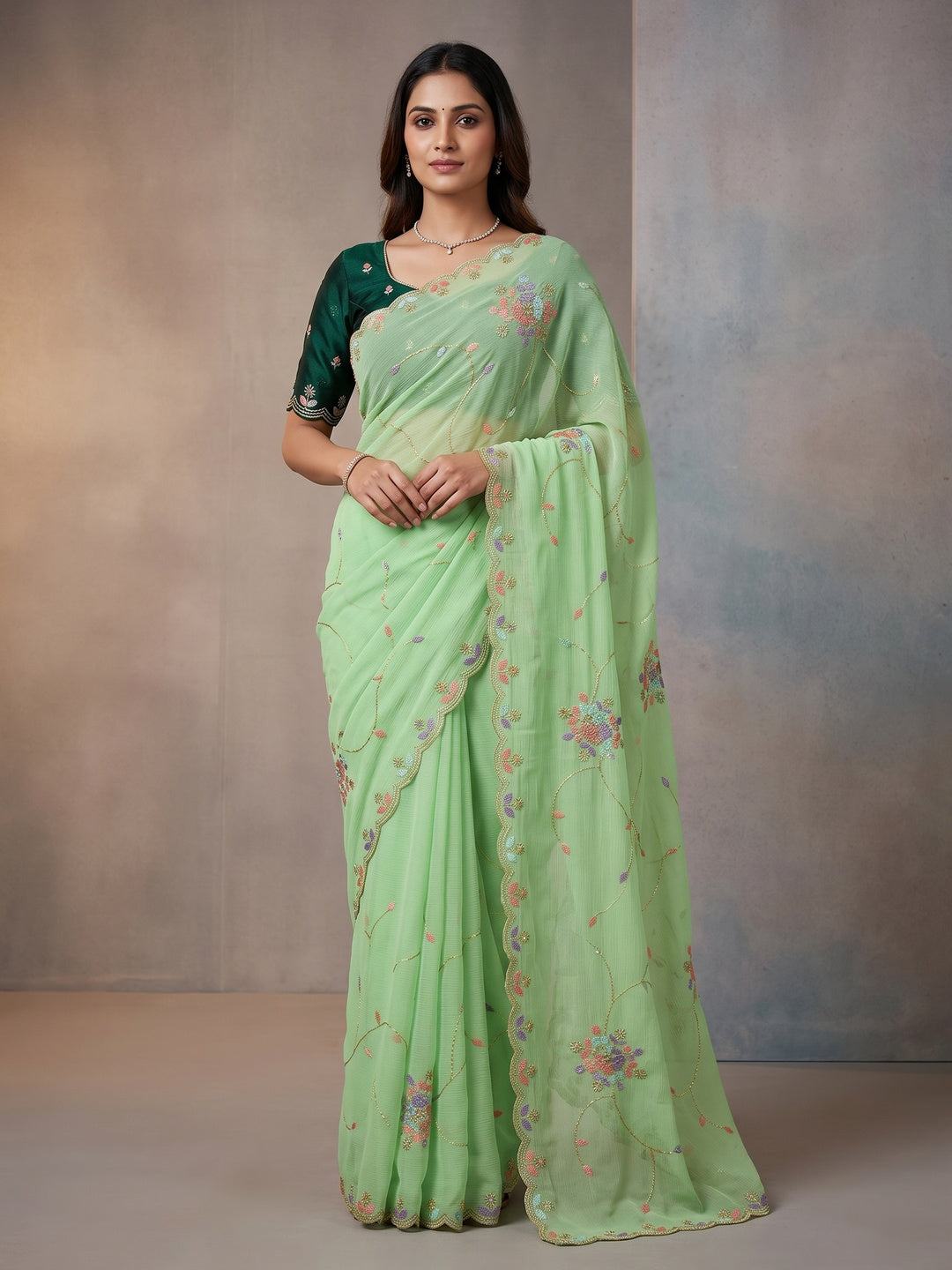 Peachmode Mint Green Floral Hand Work Georgette Chiffon Saree - Image 1