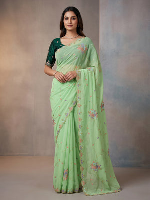 Peachmode Mint Green Floral Hand Work Georgette Chiffon Saree - Image 1