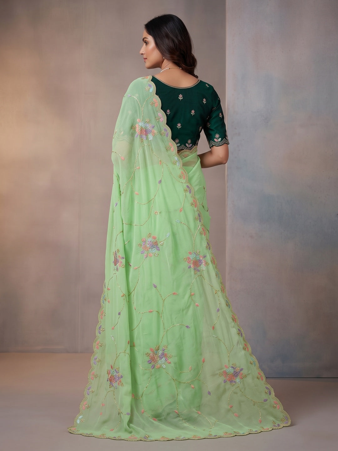 Peachmode Mint Green Floral Hand Work Georgette Chiffon Saree - Image 5