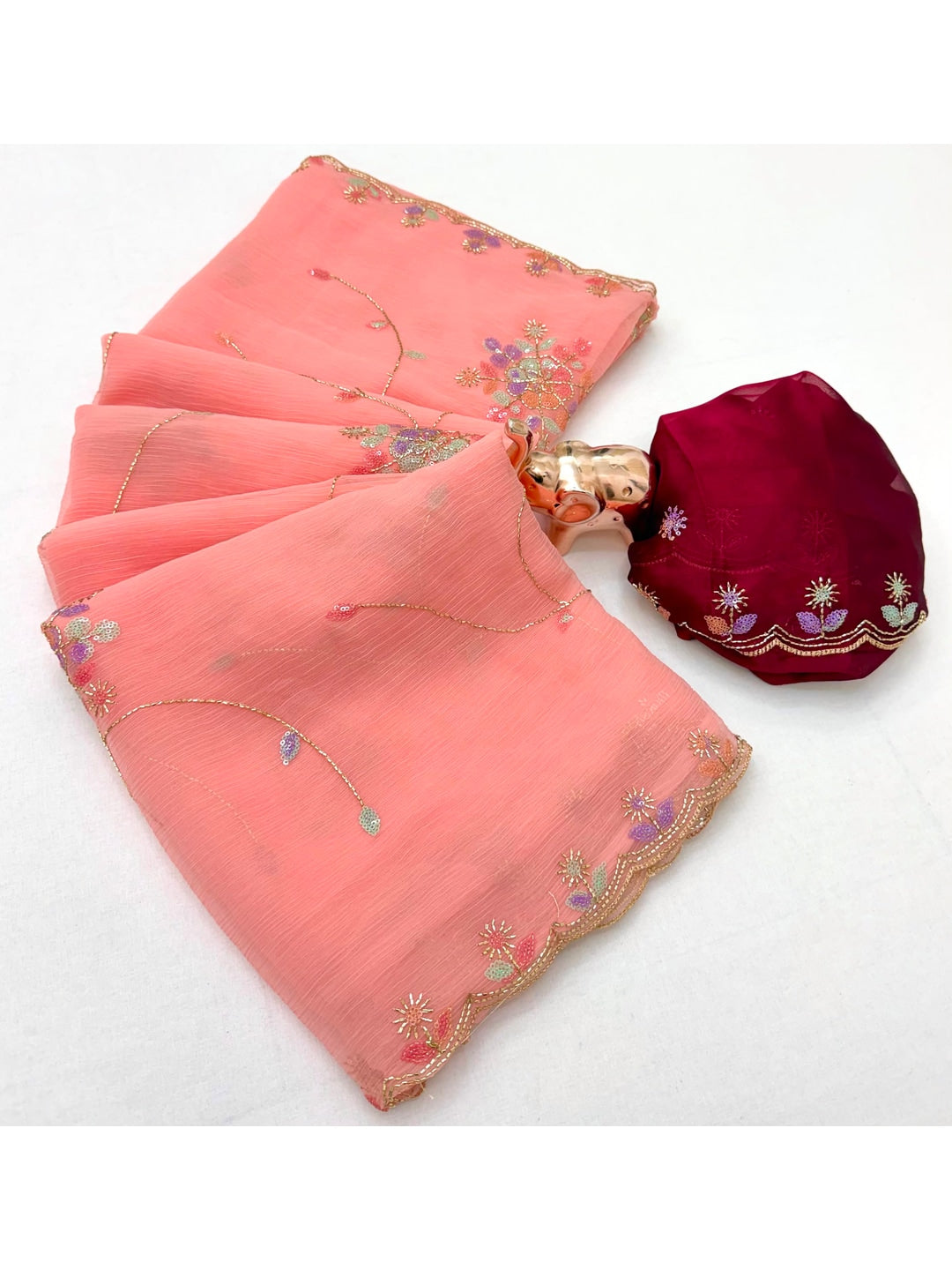 Peachmode Coral Floral Hand Work Georgette Chiffon Saree - Image 3