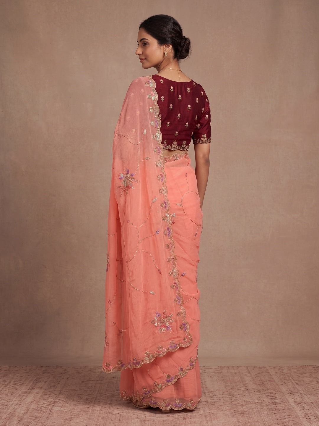 Peachmode Coral Floral Hand Work Georgette Chiffon Saree - Image 5