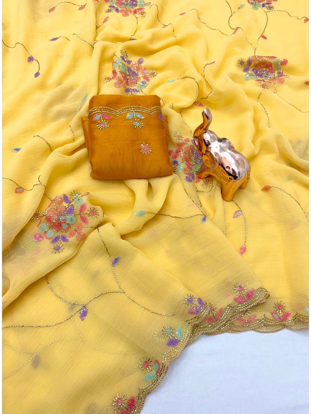 Peachmode Yellow Floral Hand Work Georgette Chiffon Saree - Image 2