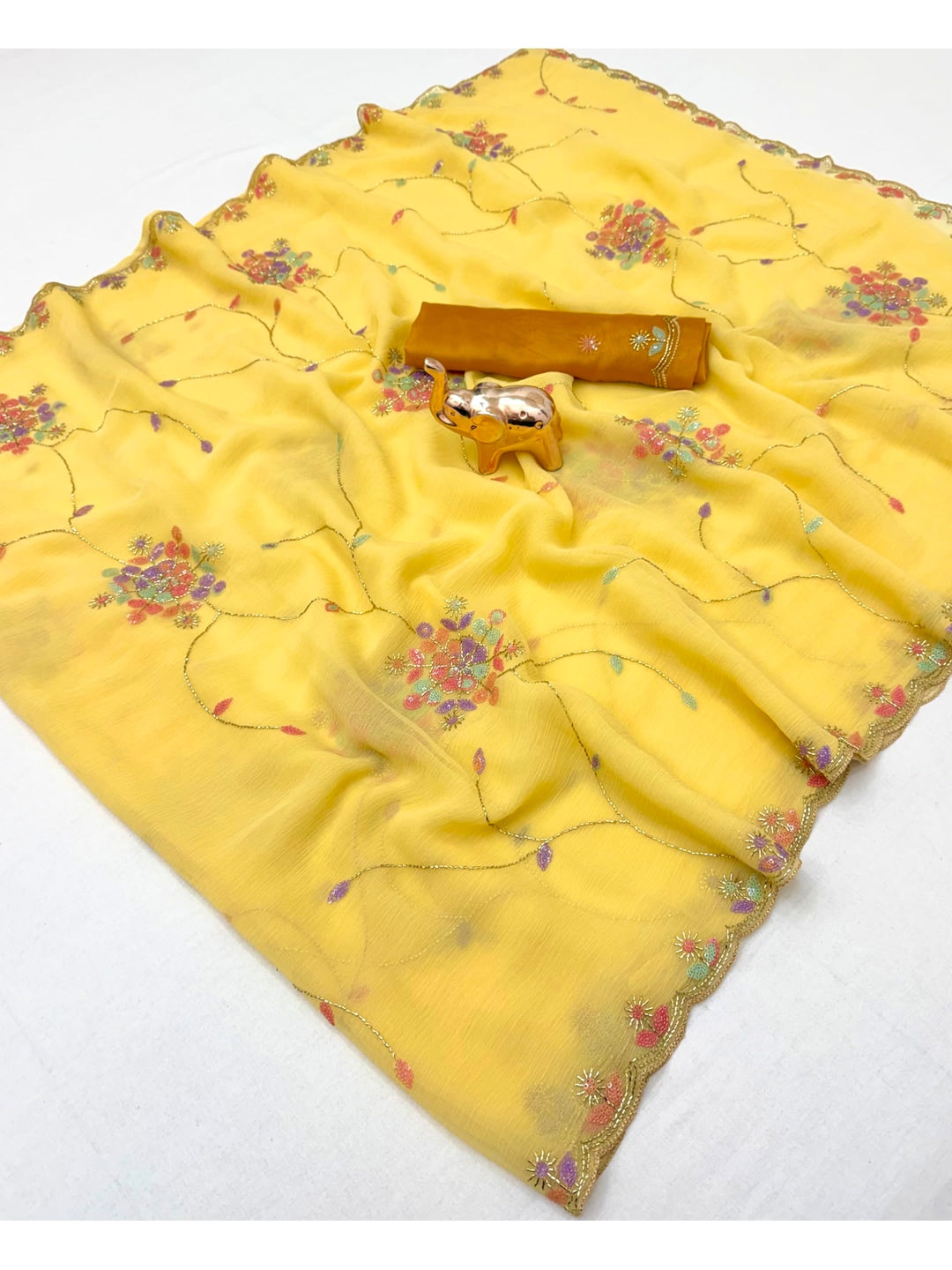 Peachmode Yellow Floral Hand Work Georgette Chiffon Saree - Image 4
