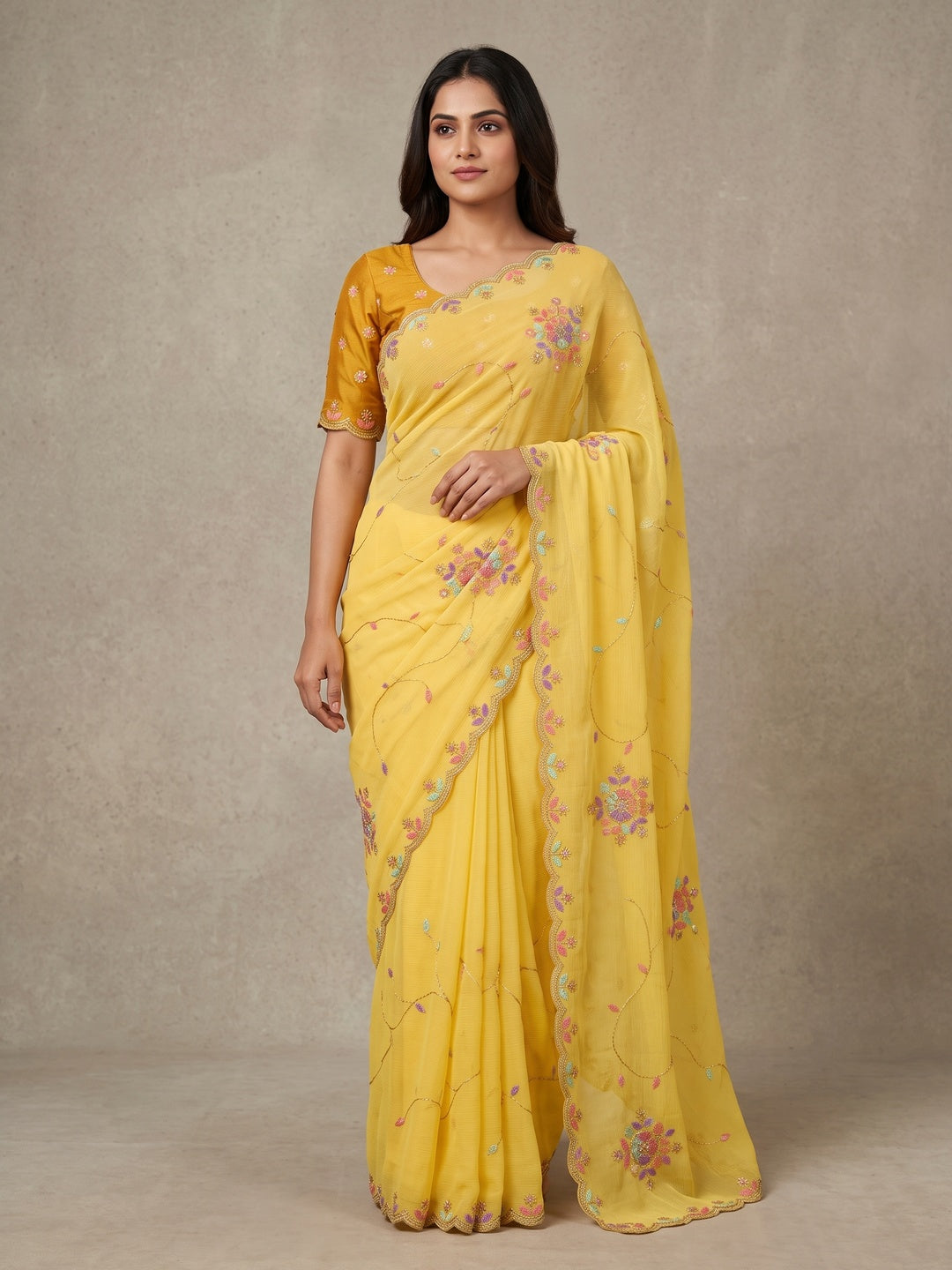 Peachmode Yellow Floral Hand Work Georgette Chiffon Saree - Image 1