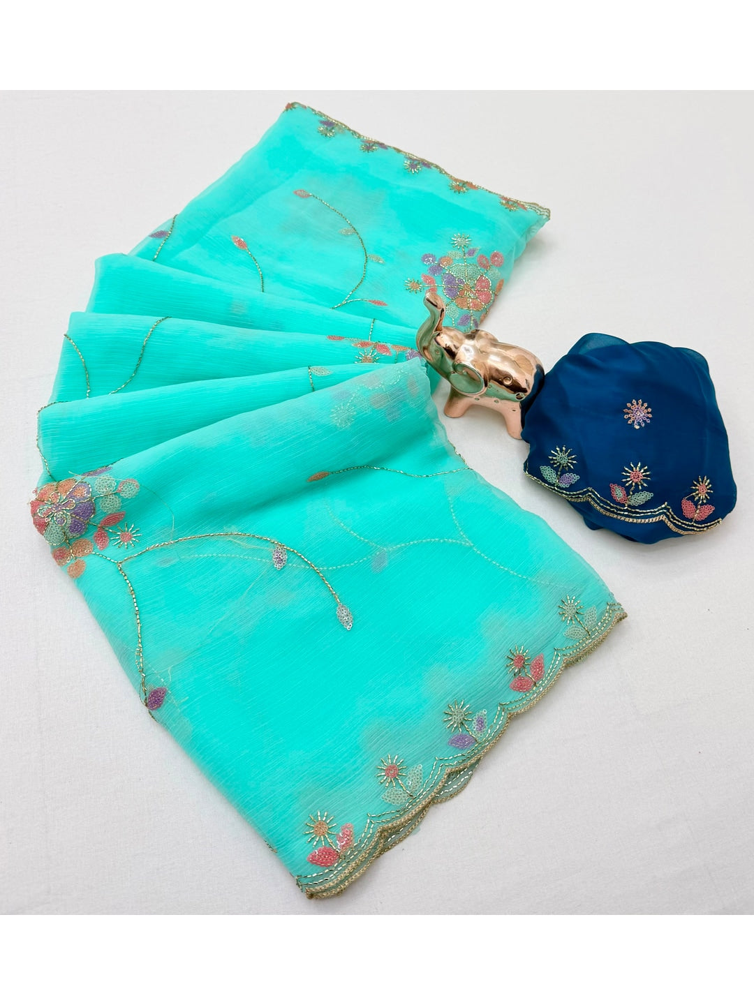 Peachmode Aqua Floral Hand Work Georgette Chiffon Saree - Image 2