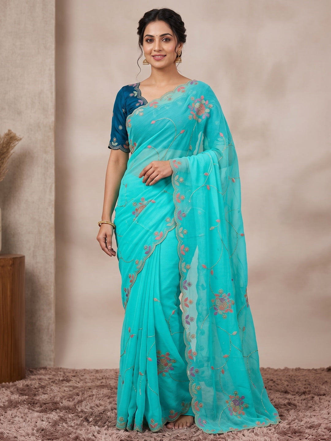 Peachmode Aqua Floral Hand Work Georgette Chiffon Saree - Image 1