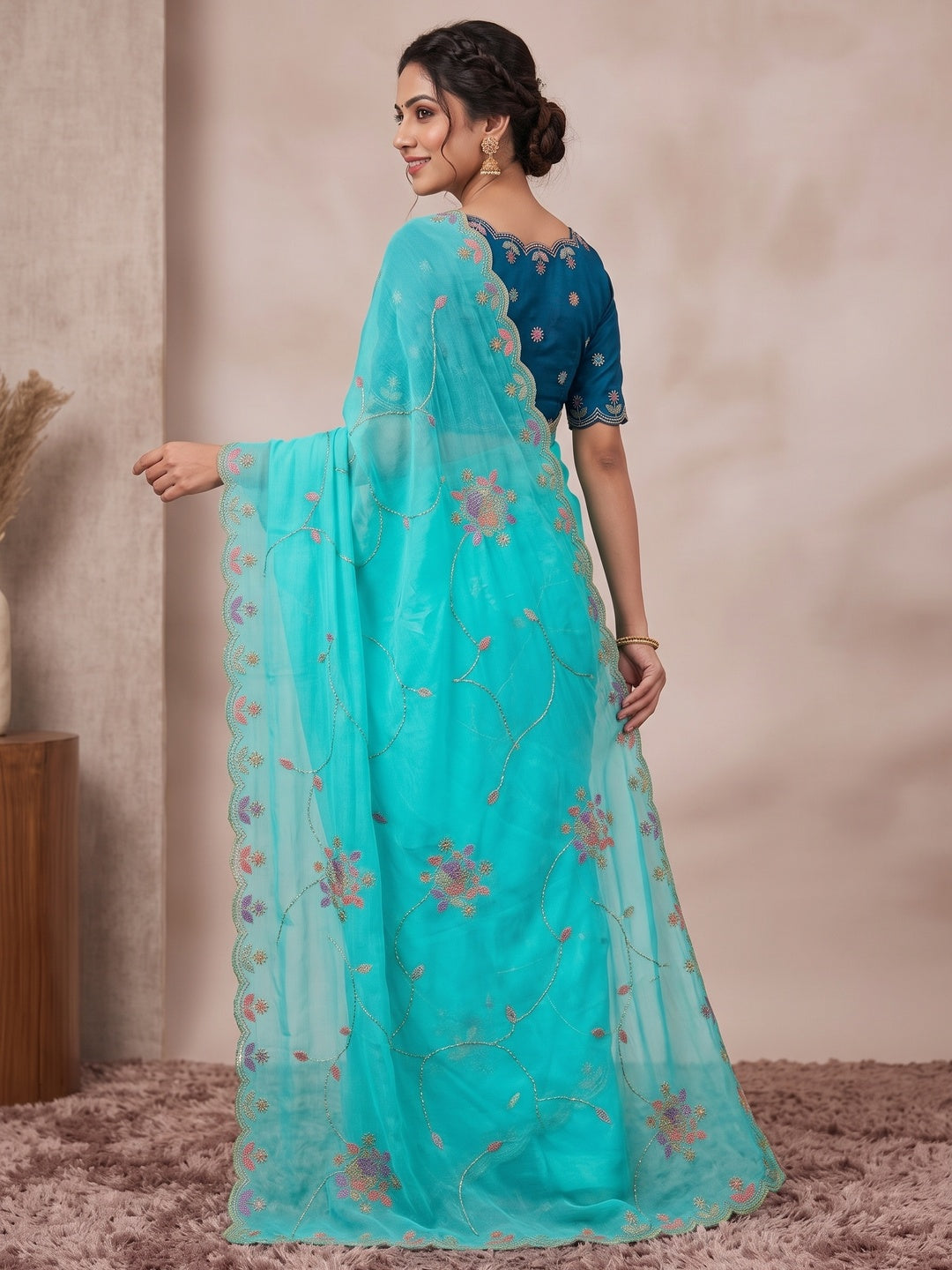 Peachmode Aqua Floral Hand Work Georgette Chiffon Saree - Image 5