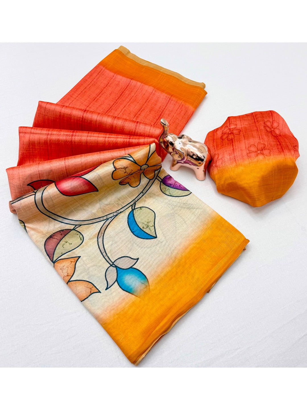 Peachmode Cream Multicolor Floral Printed Tussar Silk Saree - Image 2