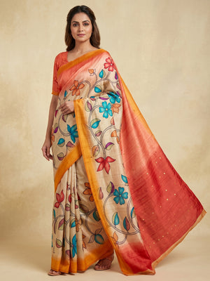 Peachmode Cream Multicolor Floral Printed Tussar Silk Saree - Image 1