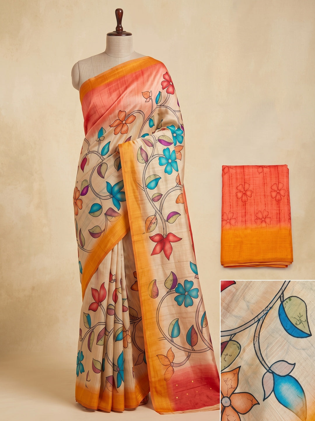 Peachmode Cream Multicolor Floral Printed Tussar Silk Saree - Image 5