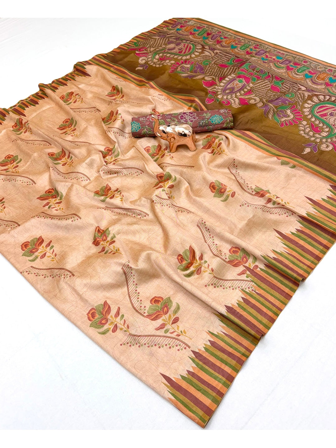 Peachmode Cream Rust Floral Printed Tussar Silk Saree - Image 3