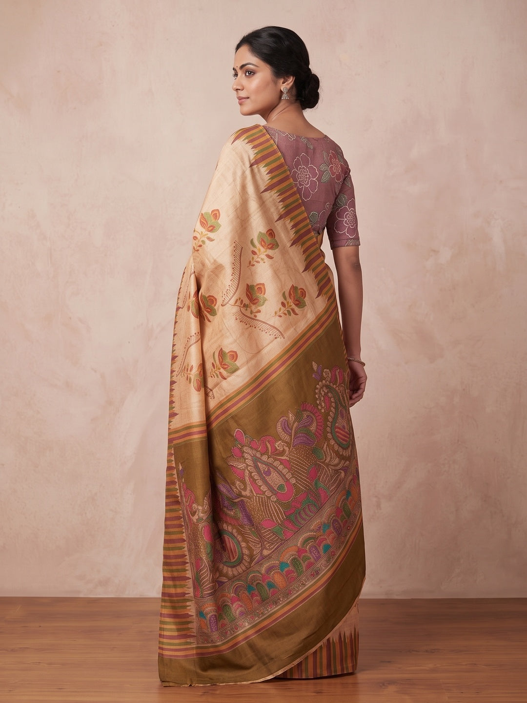 Peachmode Cream Rust Floral Printed Tussar Silk Saree - Image 4