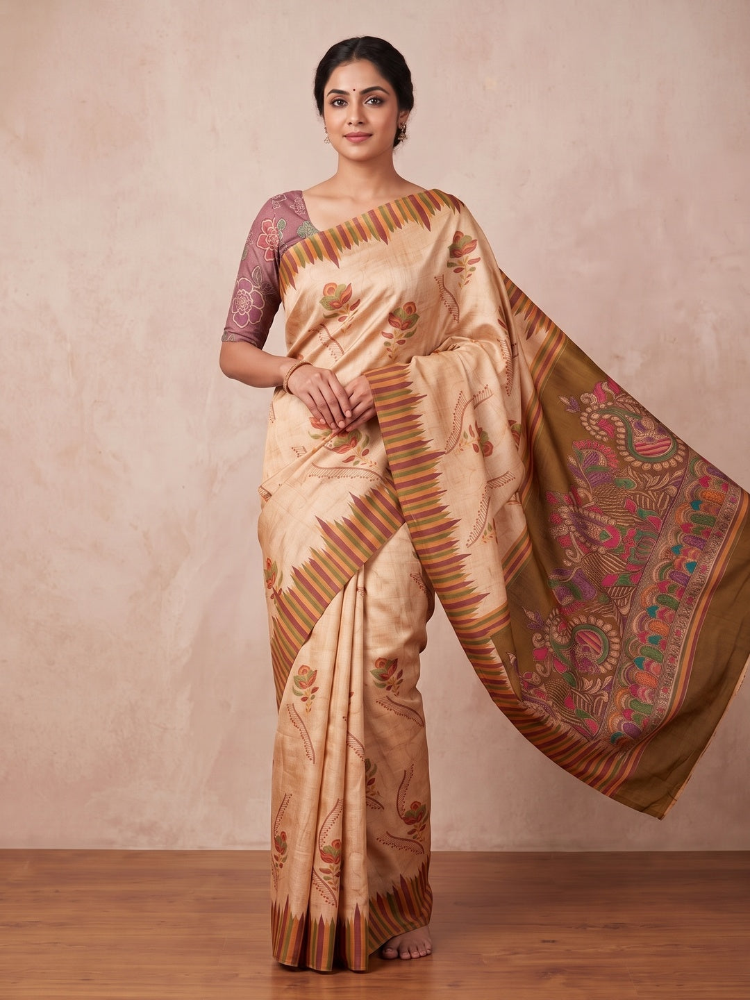 Peachmode Cream Rust Floral Printed Tussar Silk Saree - Image 5