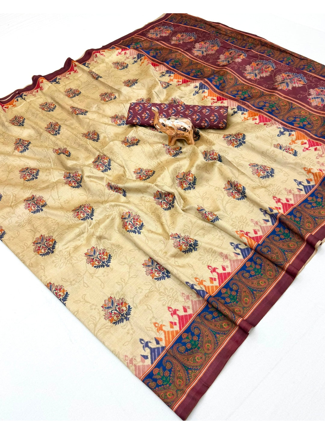 Peachmode Cream Maroon Paisley Printed Tussar Silk Saree - Image 2