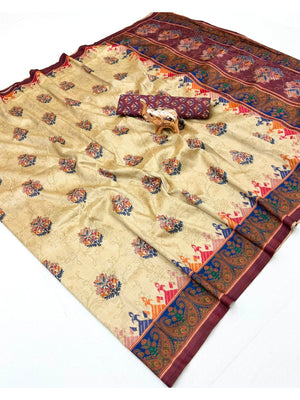 Peachmode Cream Maroon Paisley Printed Tussar Silk Saree - Image 2