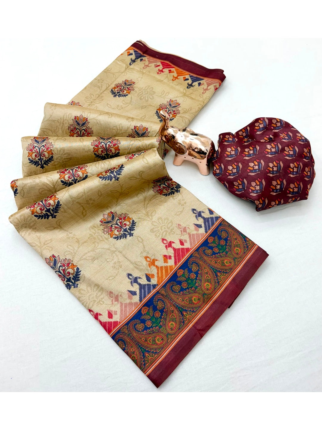 Peachmode Cream Maroon Paisley Printed Tussar Silk Saree - Image 3