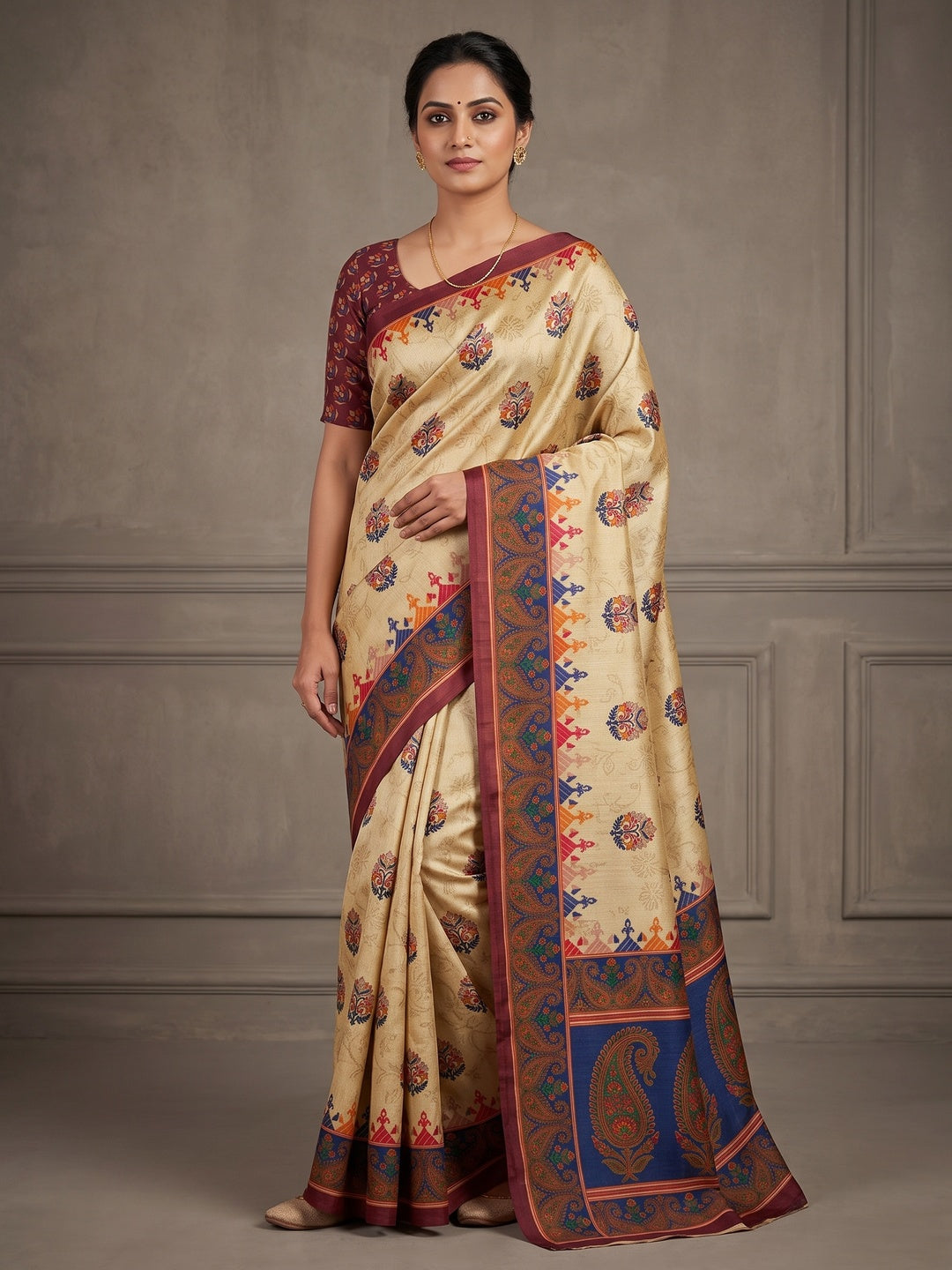 Peachmode Cream Maroon Paisley Printed Tussar Silk Saree - Image 1