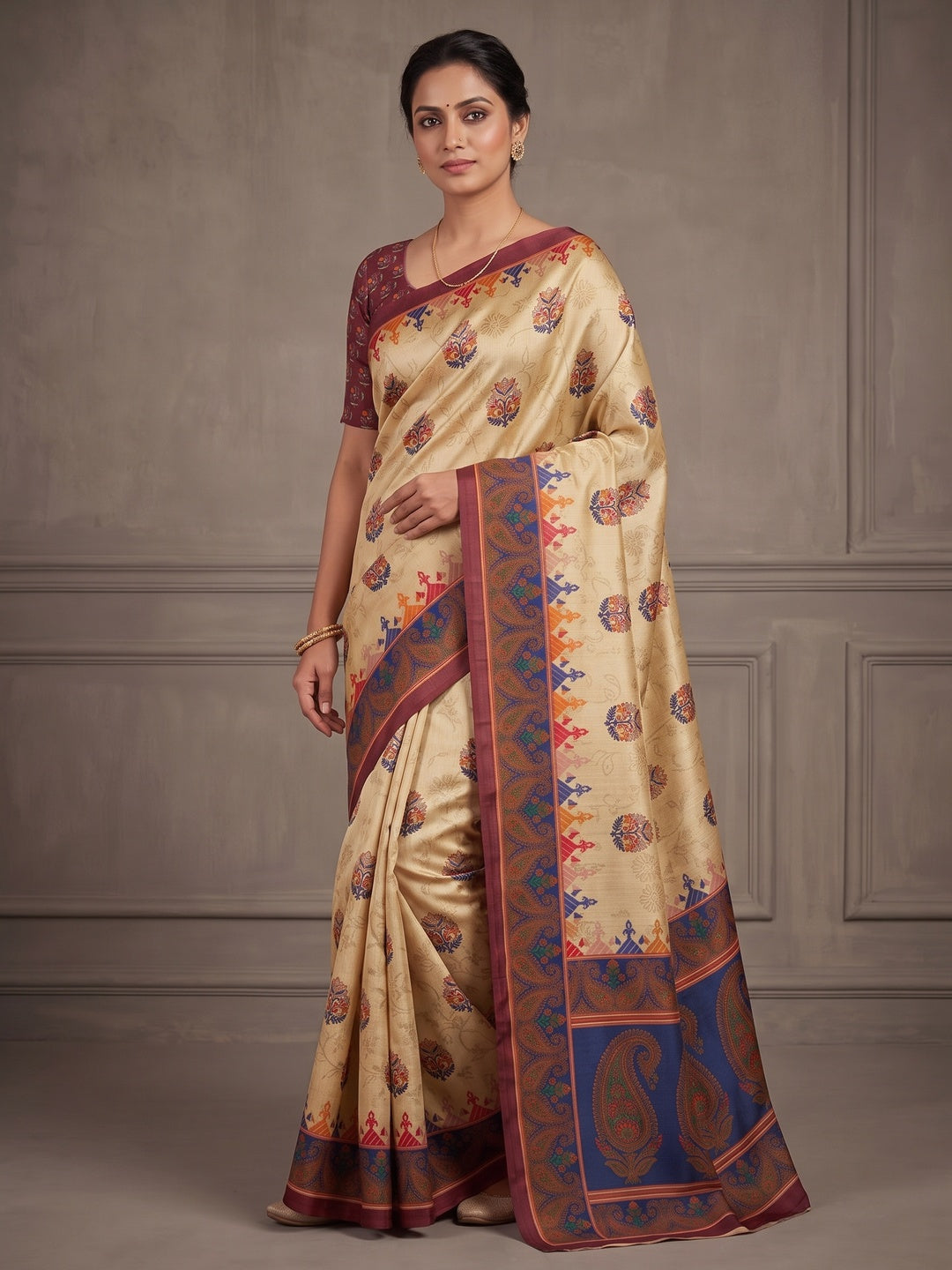 Peachmode Cream Maroon Paisley Printed Tussar Silk Saree - Image 5