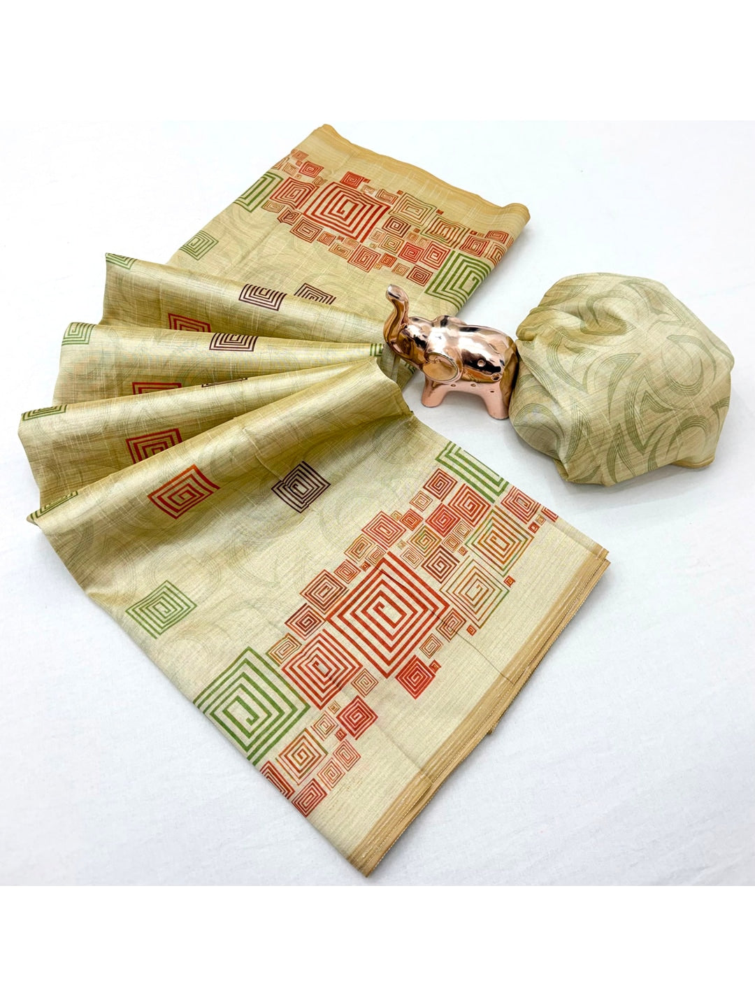 Peachmode Cream Geometric Printed Tussar Silk Saree - Image 3