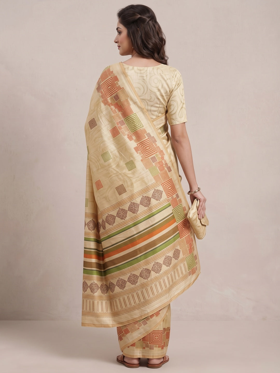 Peachmode Cream Geometric Printed Tussar Silk Saree - Image 4