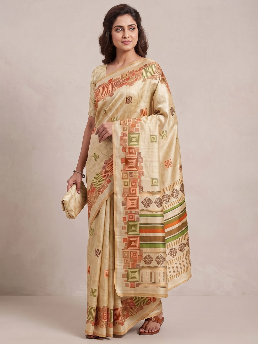 Peachmode Cream Geometric Printed Tussar Silk Saree - Image 5