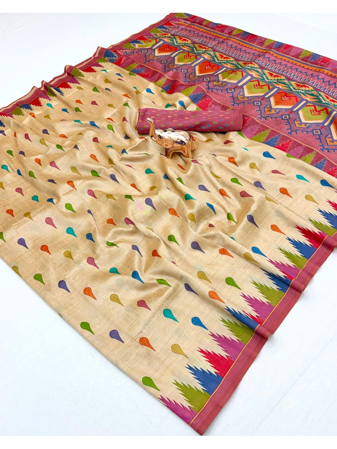 Peachmode Cream Multicolor Buti Printed Tussar Silk Saree - Image 2