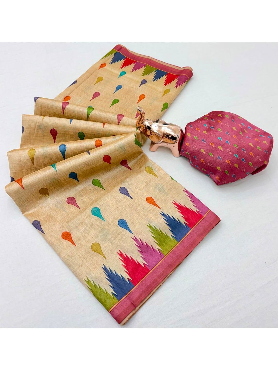 Peachmode Cream Multicolor Buti Printed Tussar Silk Saree - Image 3