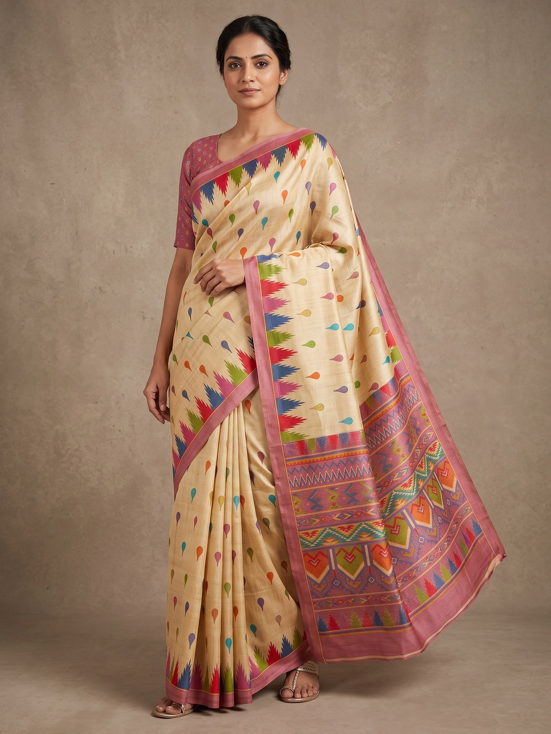 Peachmode Cream Multicolor Buti Printed Tussar Silk Saree - Image 1