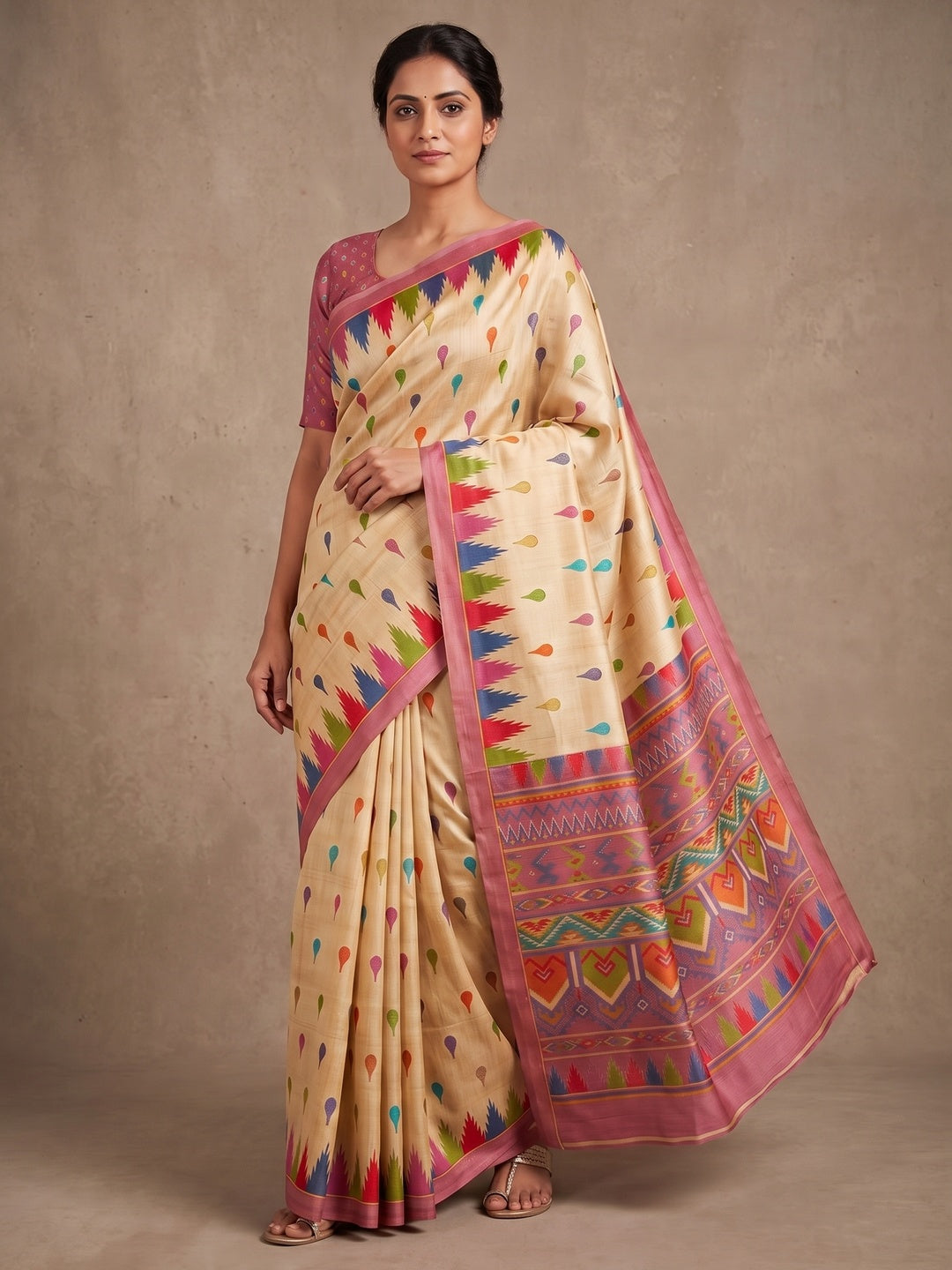 Peachmode Cream Multicolor Buti Printed Tussar Silk Saree - Image 5