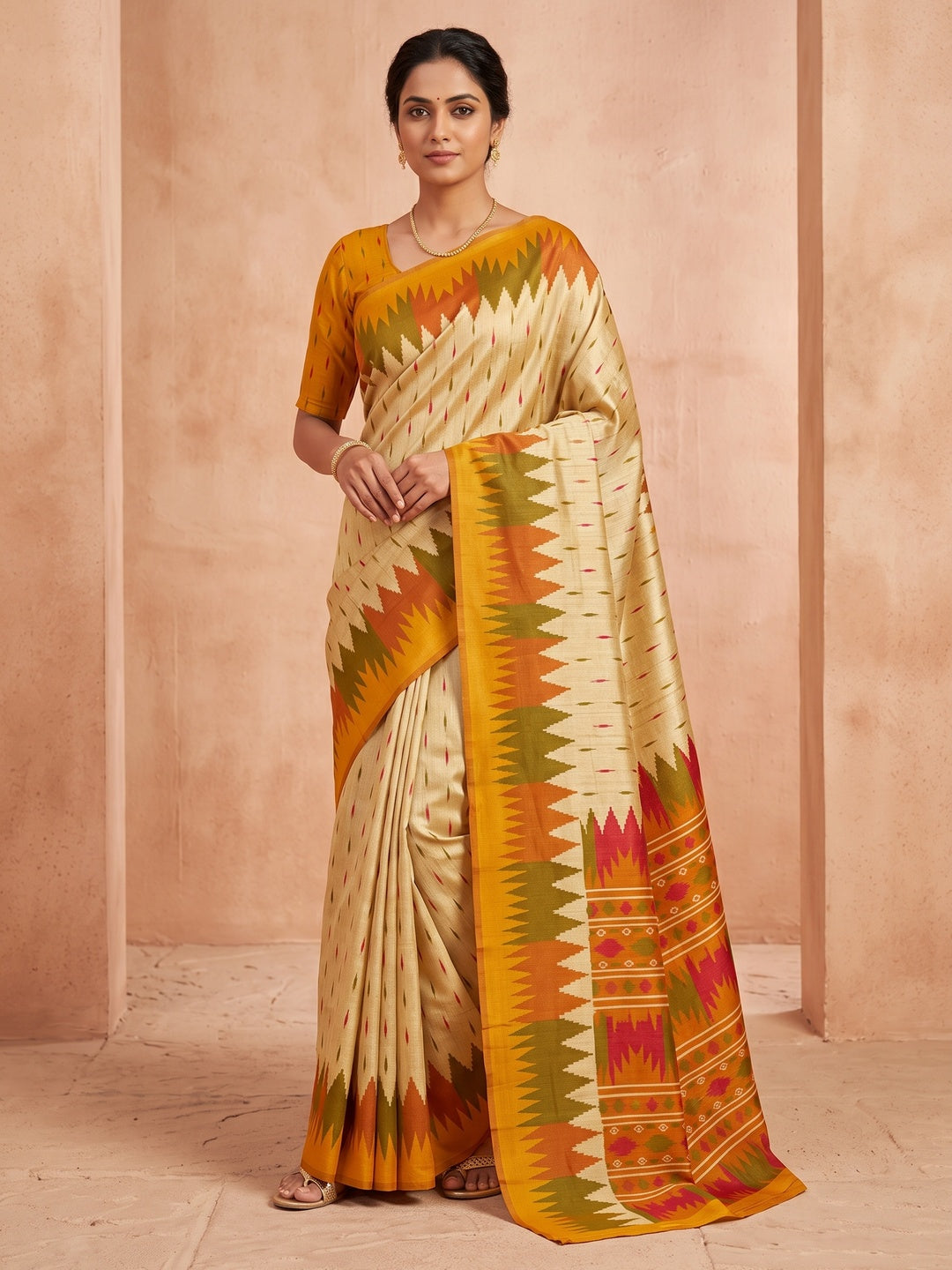 Peachmode Cream Mustard Ikat Printed Tussar Silk Saree - Image 1