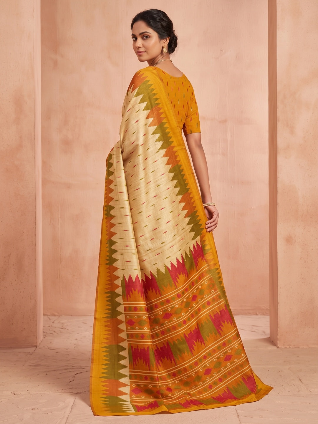 Peachmode Cream Mustard Ikat Printed Tussar Silk Saree - Image 4