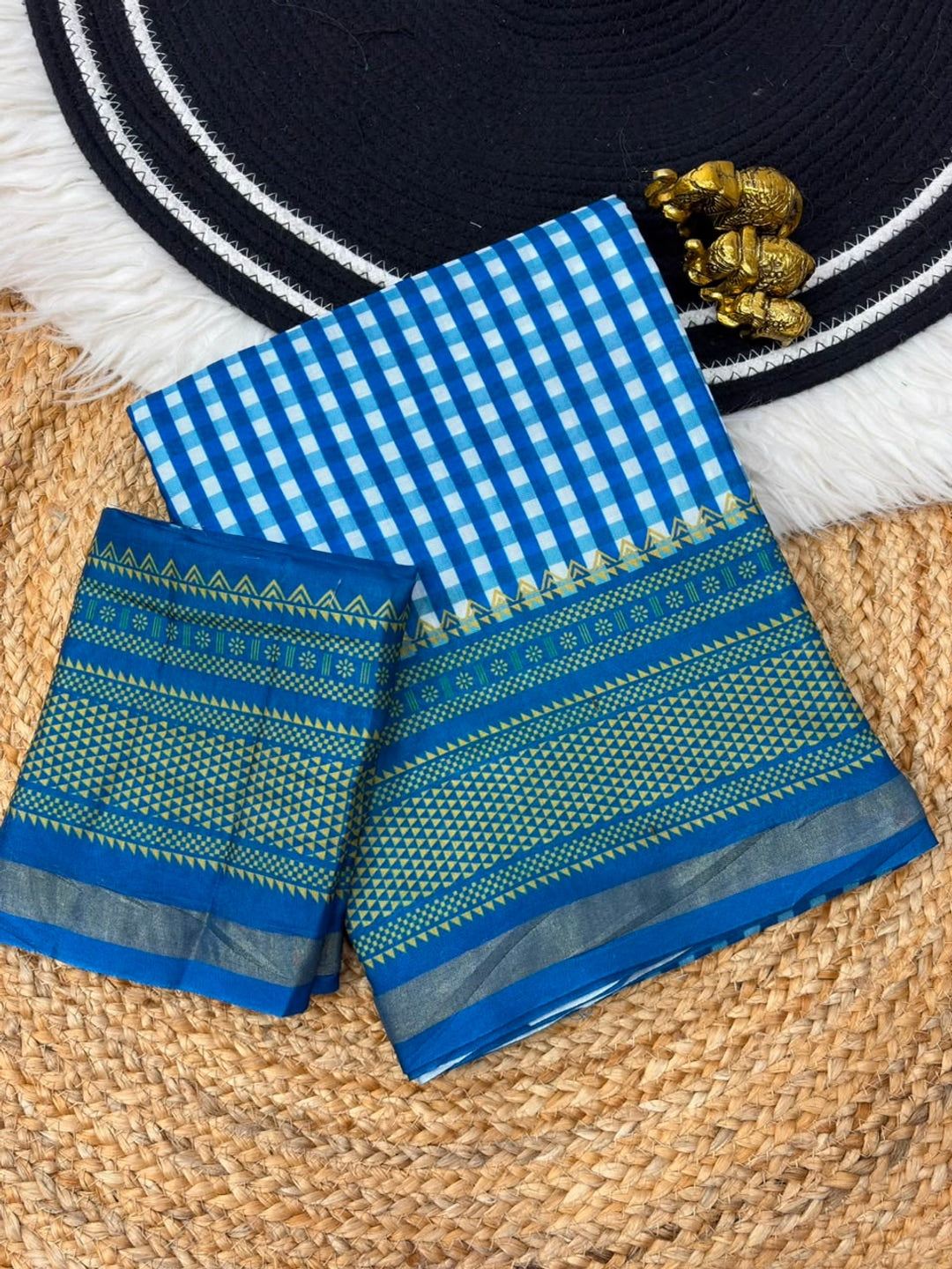 Peachmode Rama Blue Checkered Mul Cotton Saree - Image 2