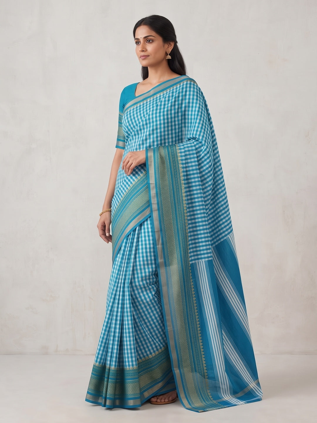 Peachmode Rama Blue Checkered Mul Cotton Saree - Image 5