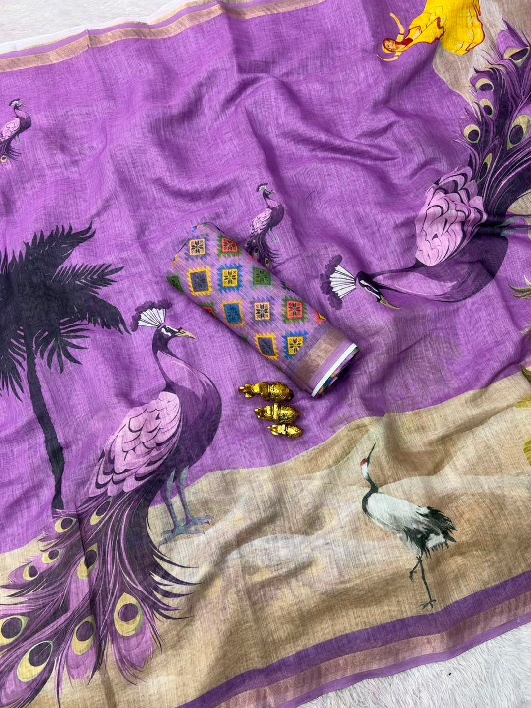 Peachmode Lavender Peacock Printed Linen Saree - Image 2