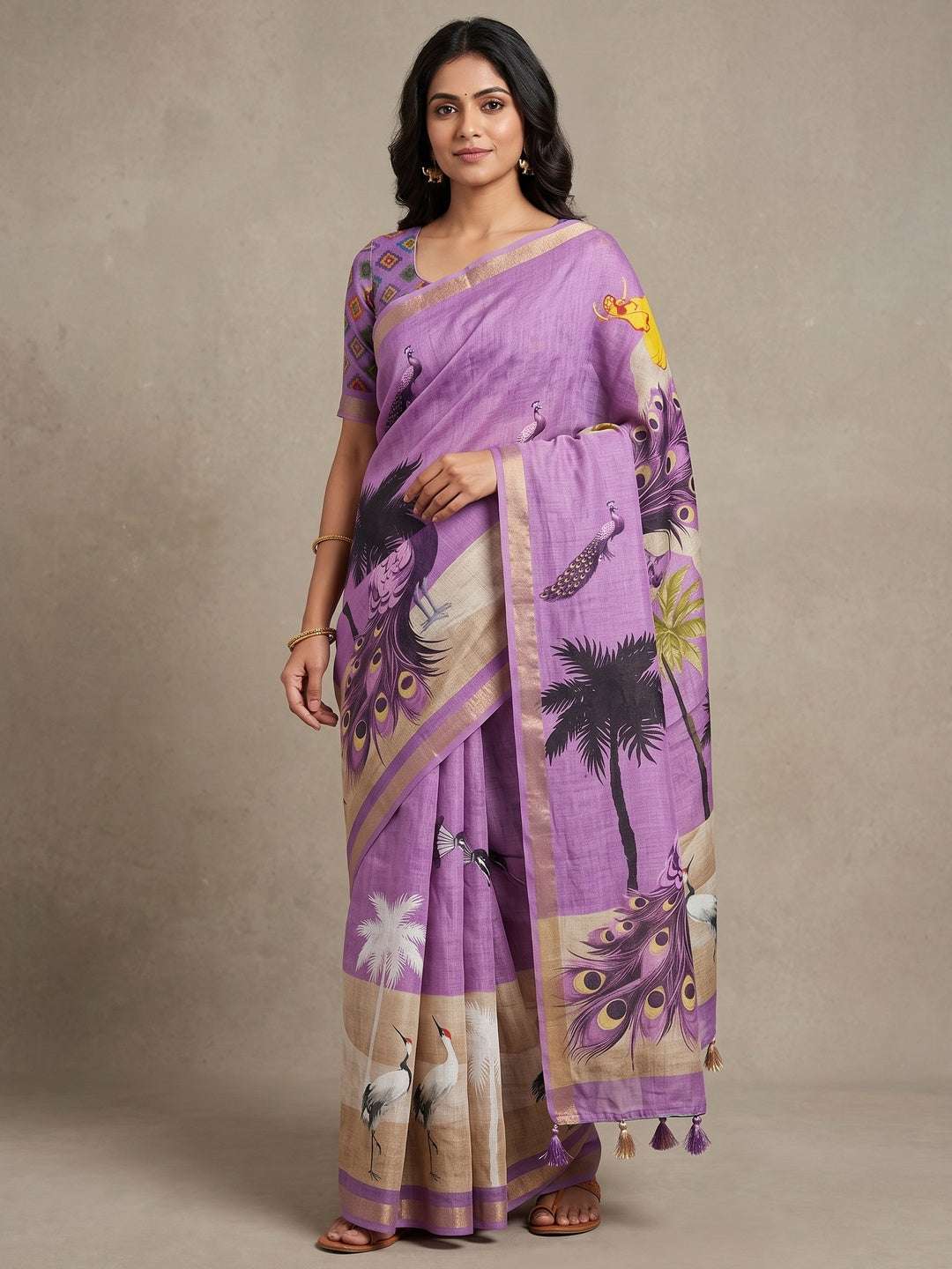 Peachmode Lavender Peacock Printed Linen Saree - Image 1