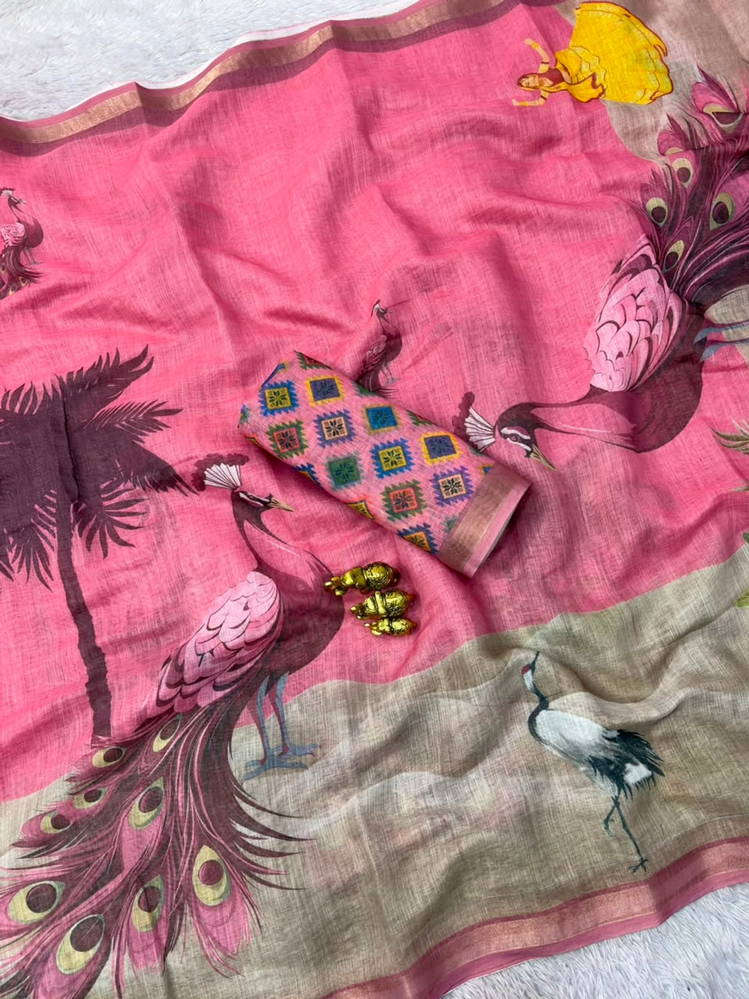 Peachmode Peach Peacock Printed Linen Saree - Image 4