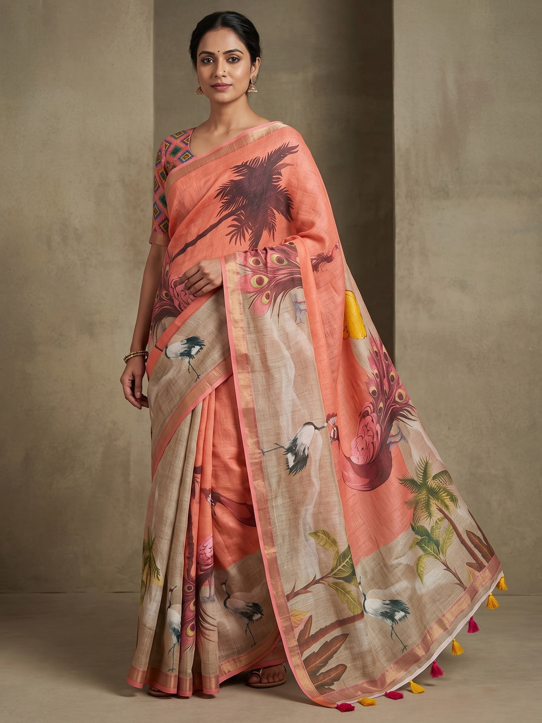 Peachmode Peach Peacock Printed Linen Saree - Image 1