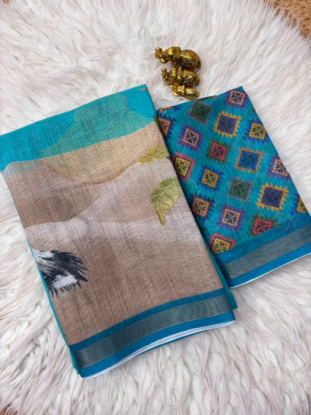 Peachmode Rama Blue Peacock Printed Linen Saree - Image 3